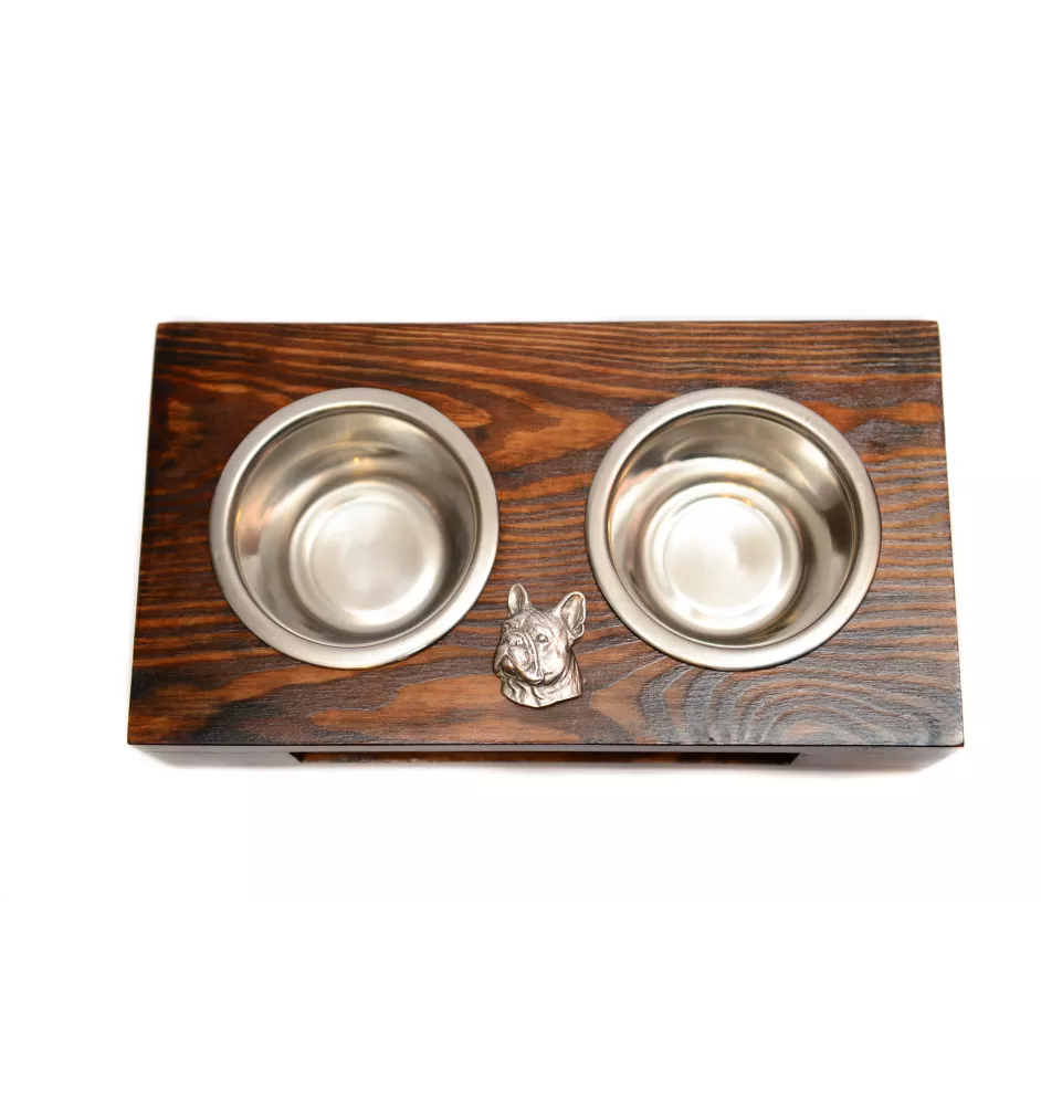 French Bulldog, Frenchie II - wooden stand with bowls for a dog, steel dog bowls, a gift for adopting a dog from the Art-Dog brand