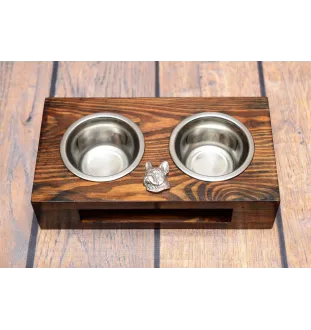 French Bulldog, Frenchie II - wooden stand with bowls for a dog, steel dog bowls, a gift for adopting a dog from the Art-Dog brand