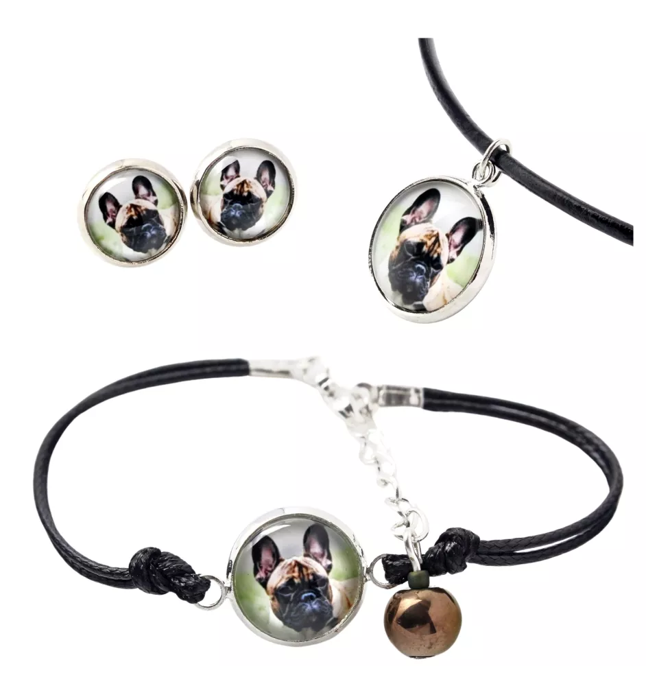 Bouledogue français - ensemble de bijoux dans une boîte, collier, boucles d'oreilles, bracelet, produits de la marque Art-Dog