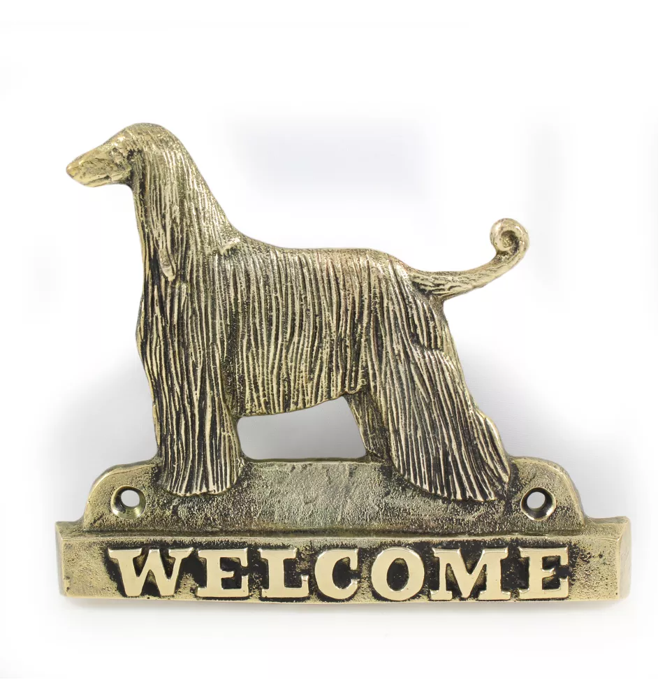 Levrier afghan, Tazi - une plaque de porte avec un chien, une plaque de bienvenue en laiton, une enseigne exceptionnelle avec l'inscription Welcome de la marque Art-Dog