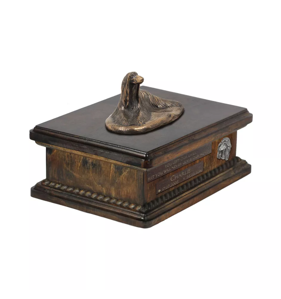 Levrier afghan, Tazi I - urne pour cendres de chien, urne personnalisée avec une statuette, urne en bois avec un chien de la marque Art-Dog