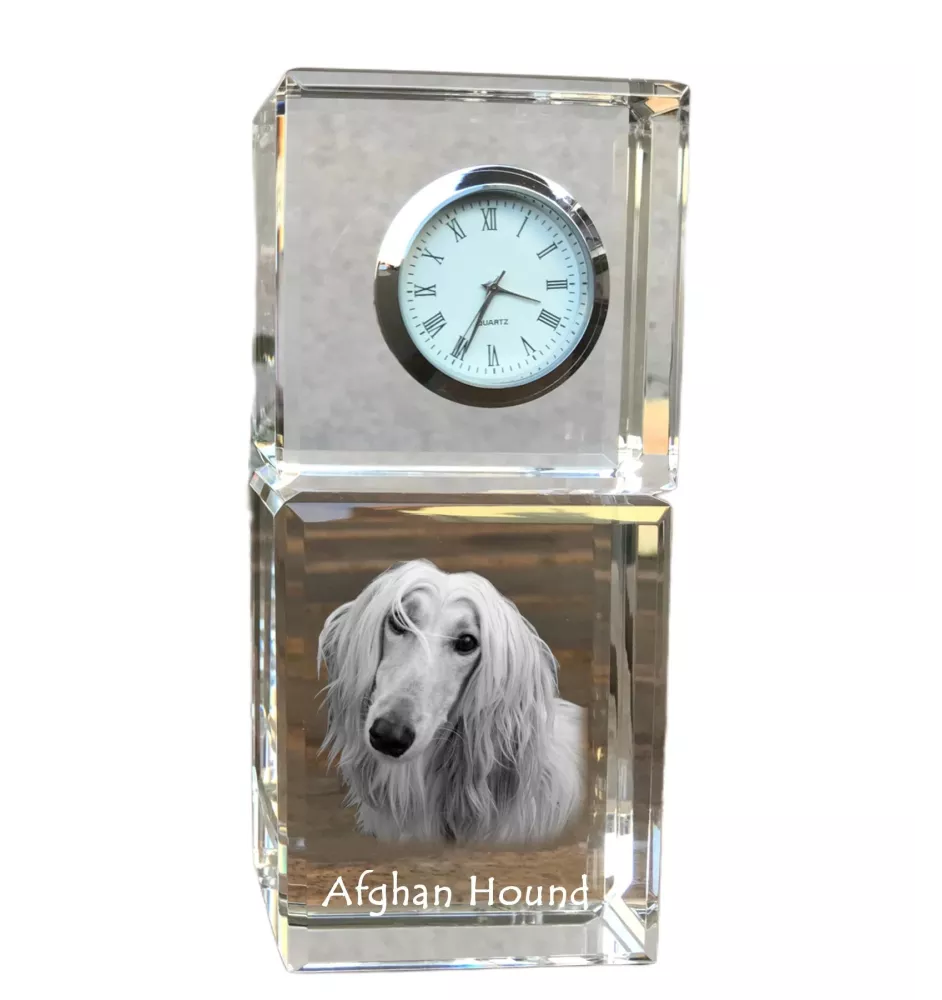 Levrier afghan, Tazi - montre en cristal avec photo, photo de chien dans un cristal, horloge de bureau personnalisée de la marque Art-Dog
