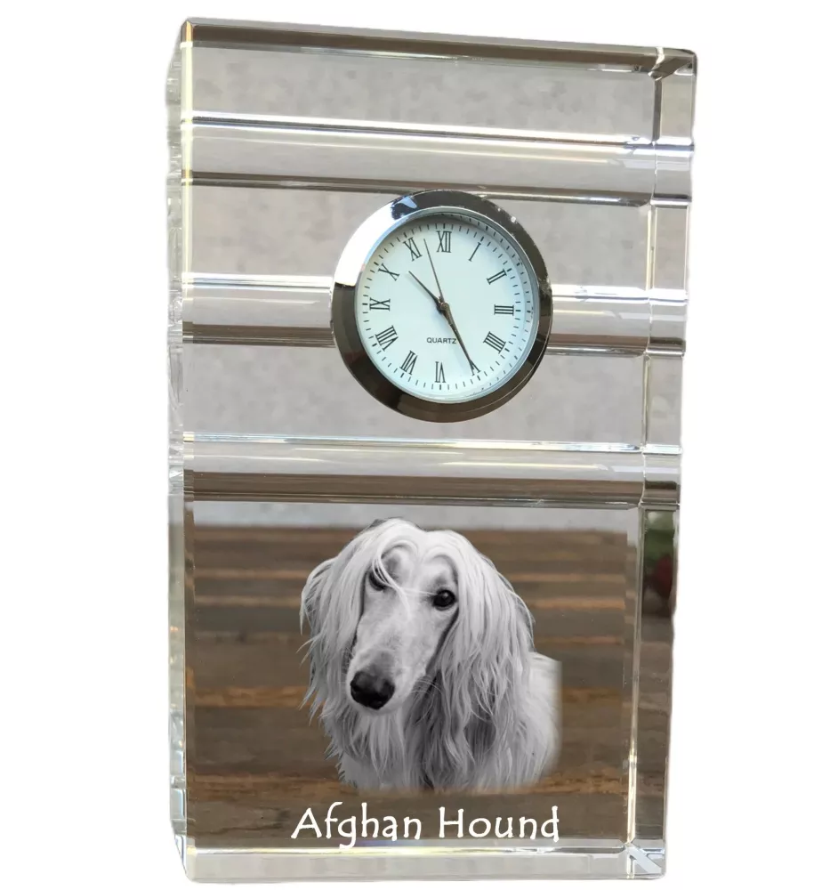 Afghanischer Windhund, Afghane - Glasuhr mit Foto, Foto eines Hundes im Kristall, personalisierte Tischuhr für das Büro der Marke Art-Dog