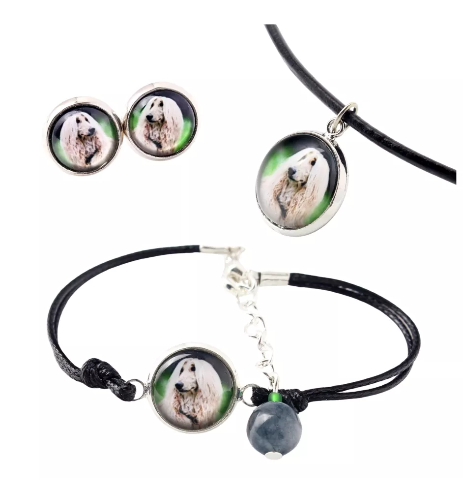 Levrier afghan, Tazi - ensemble de bijoux dans une boîte, collier, boucles d'oreilles, bracelet, produits de la marque Art-Dog