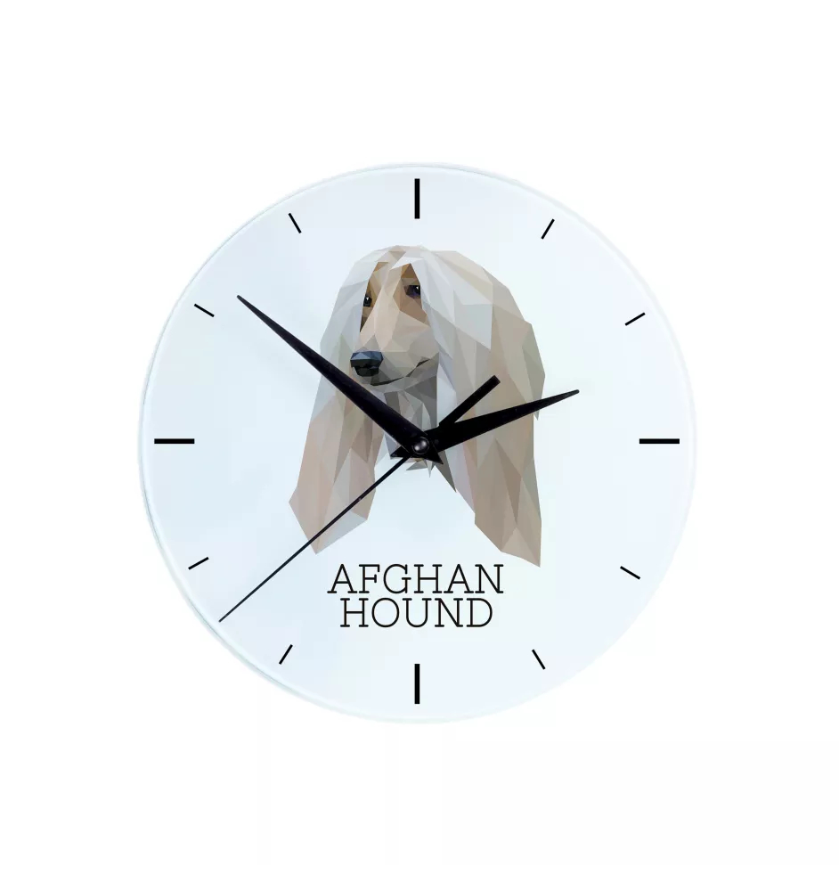 Afghanischer Windhund, Afghane - geometrische Wanduhr mit Bild und Aufschrift der Marke Art-Dog