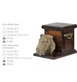 Airedale Terrier, Waterside Terrier - Eine Urne für die Asche eines Hundes mit einer Statuette, eine elegante Urne für einen Hund, eine außergewöhnliche Urne mit dem Porträt eines Hundes von der Marke
