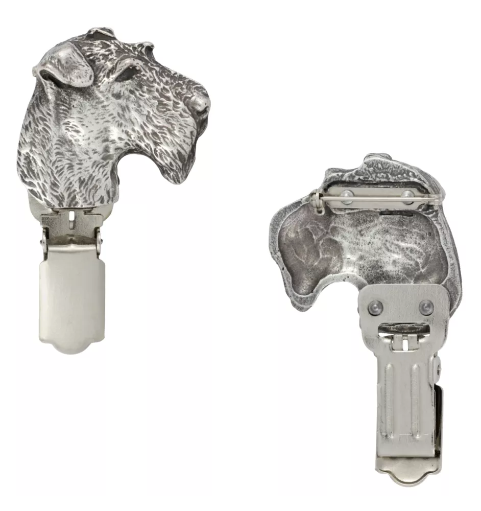 Airedale Terrier, Bingley Terrier - brooch with a clip, holder for a start number, silver-plated dog show pin from the Art-Dog brand