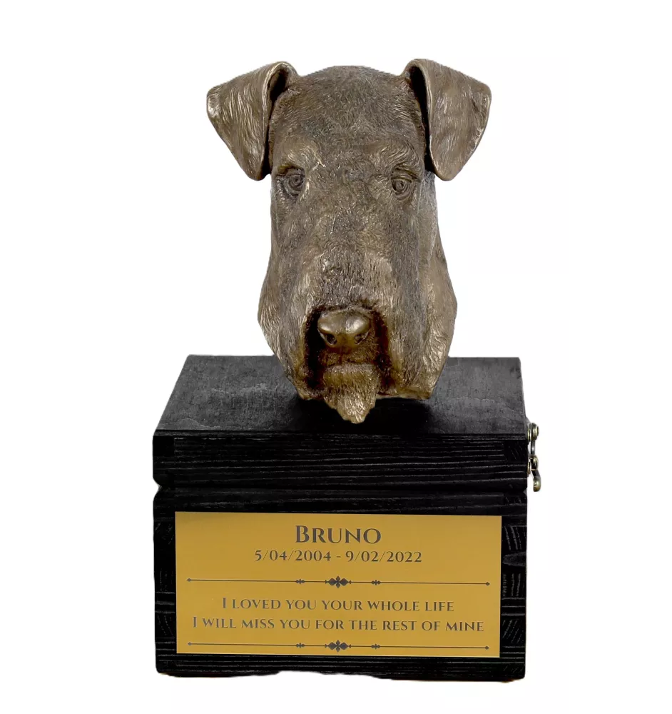 Airedale Terrier, Bingley Terrier - an urn with an engraving and a sculpture of a dog, a handmade product by the Art-Dog brand.