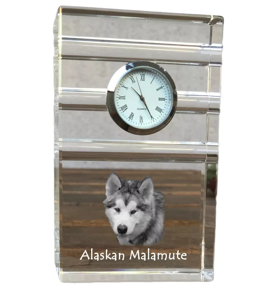 Alaskan Malamute, Alaskischer Malamute - Glasuhr mit Foto, Foto eines Hundes im Kristall, personalisierte Tischuhr für das Büro der Marke Art-Dog