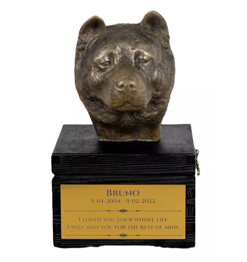 Akita, Akita Inu - eine Urne mit Gravur und Hundeskulptur, letzter Abschied, handgefertigtes Produkt der Marke Art-Dog
