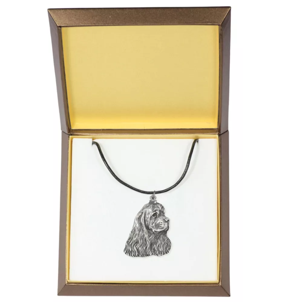 Amerikanischer Cocker Spaniel, American Cocker Spaniel - Hundehalsband in Geschenkbox, versilbertes Medaillon für Hundefans, markanter Anhänger der Marke Art-Dog