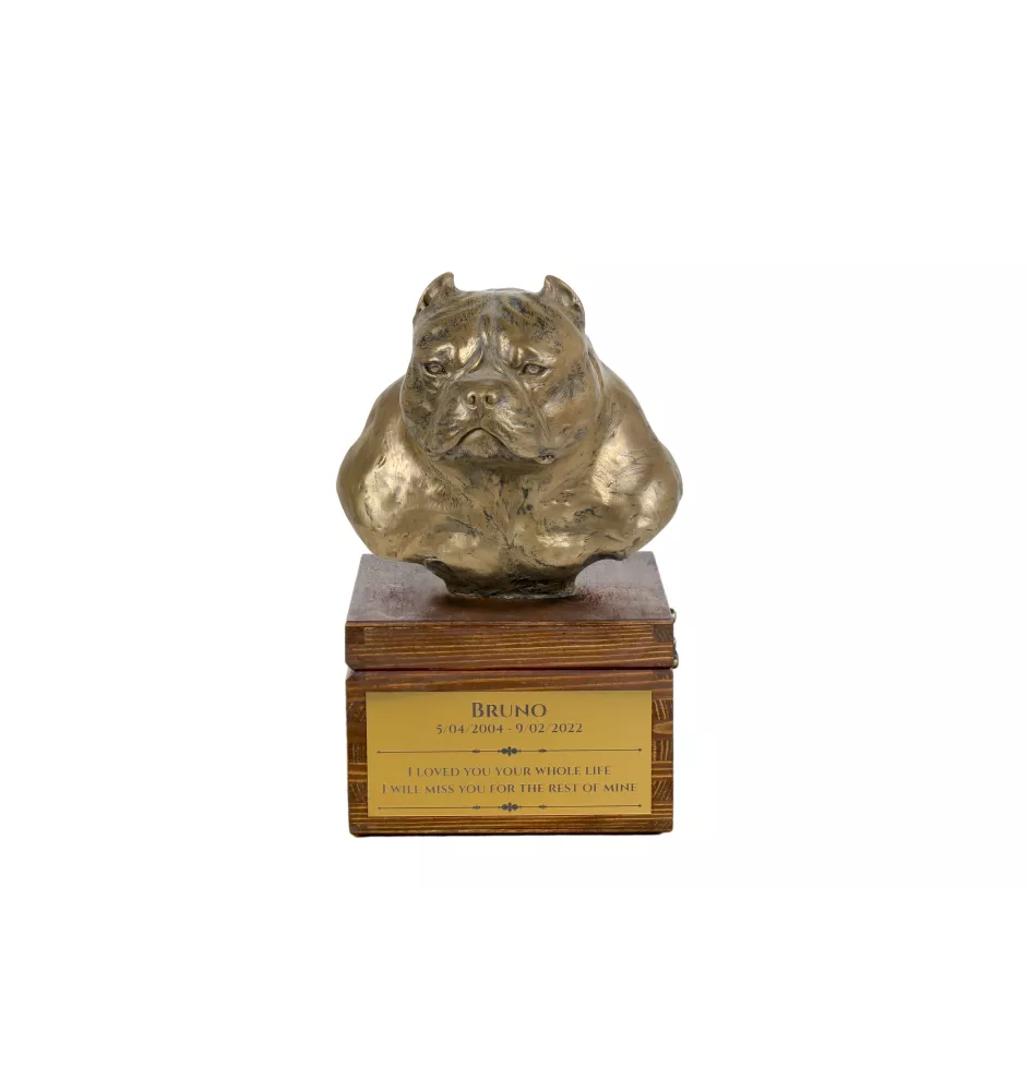 American Bully - Eine Ascheurne für Hunde mit einer Statuette, eine kleine Urne für Hunde, eine personalisierte Urne mit dem Porträt eines Hundes von der Marke Art-Dog.