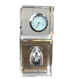 American Bulldog, Old Country Bulldog - crystal clock with a photo, a photo of a dog in crystal, personalized desk clock by Art-Dog brand
