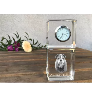 American Bulldog, Amerikanische Bulldogge - Kristalluhr mit Foto, Hundebild im Kristall, personalisierte Schreibtischuhr von Art-Dog.