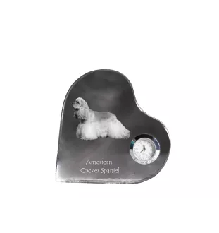 American Cocker Spaniel, Merry Cocker - crystal clock with a dog picture, heart-shaped shelf clock, personalized standing clock by Art-Dog brand