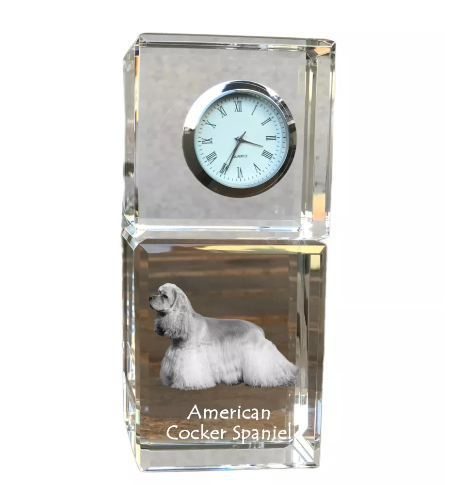 Amerikanischer Cocker Spaniel, American Cocker Spaniel - Kristalluhr mit Foto, Hundebild im Kristall, personalisierte Schreibtischuhr von Art-Dog.