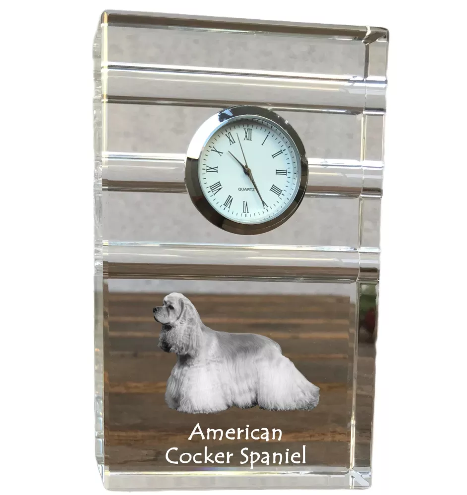 American Cocker Spaniel, Merry Cocker - glass clock with a photo, photo of a dog in crystal, personalized standing office clock by Art-Dog brand