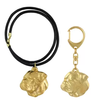 Bouledogue américain - porte-clés et collier avec chien dans une boîte, produit plaqué or de haute qualité, marque Art-Dog