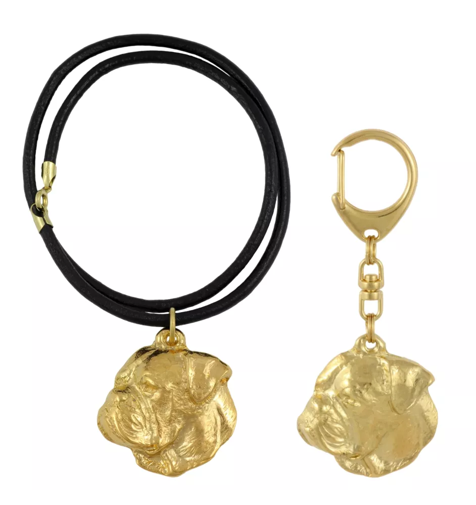Bouledogue américain - porte-clés et collier avec chien dans une boîte, produit plaqué or de haute qualité, marque Art-Dog