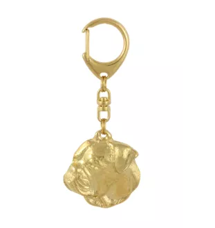 Bouledogue américain - porte-clés et collier avec chien dans une boîte, produit plaqué or de haute qualité, marque Art-Dog