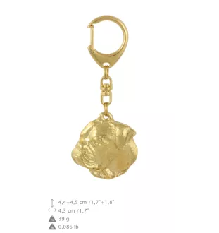 Bouledogue américain - porte-clés et collier avec chien dans une boîte, produit plaqué or de haute qualité, marque Art-Dog
