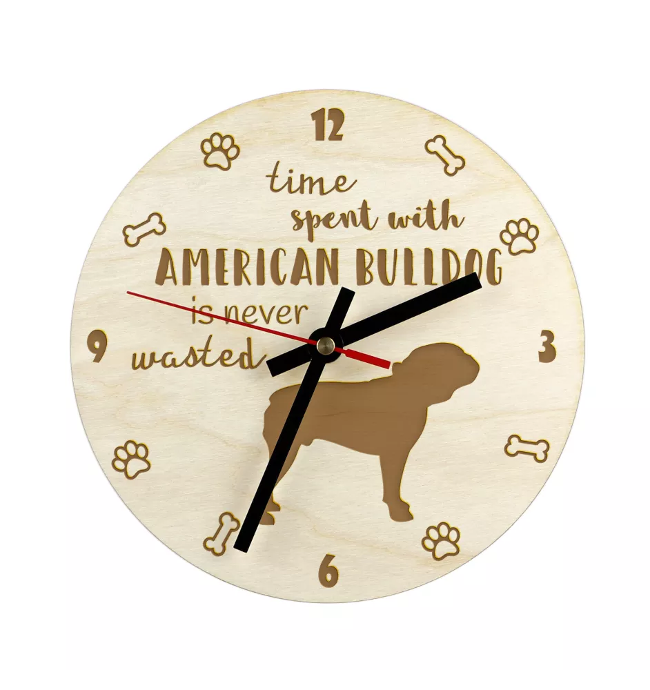 Bouledogue américain - horloge avec chien, horloge en bois, horloge murale pour les amoureux des chiens, horloge de bureau et étagère, Art-Dog