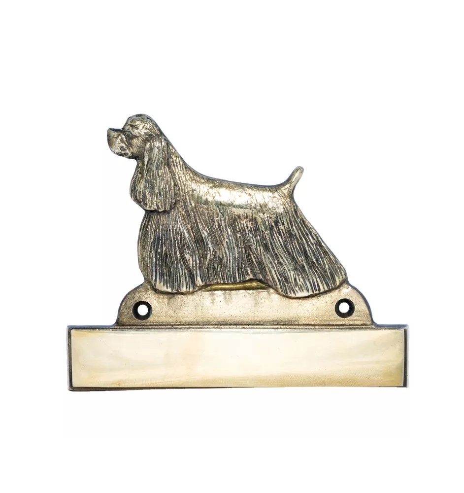 American Cocker Spaniel, Merry Cocker - address plaque with a dog, brass nameplate, personalized door sign with the brand name Art-Dog