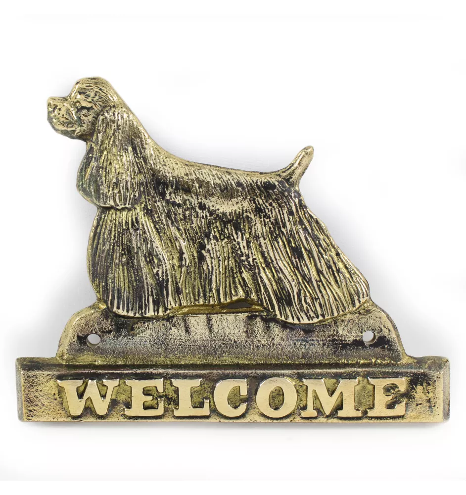 Cocker Américain - une plaque de porte avec un chien, une plaque de bienvenue en laiton, une enseigne exceptionnelle avec l'inscription Welcome de la marque Art-Dog