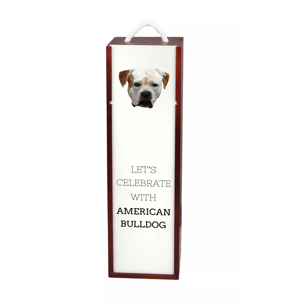 American Bulldog, Amerikanische Bulldogge - geometrische Box mit einem Bild und Schriftzug für Wein der Marke Art-Dog