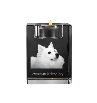 American Eskimo Dog, American Spitz, Eskie - Kerzenhalter mit Hundefoto, Teelichthalter aus Kristall, personalisiertes Geschenk der Marke Art-Dog