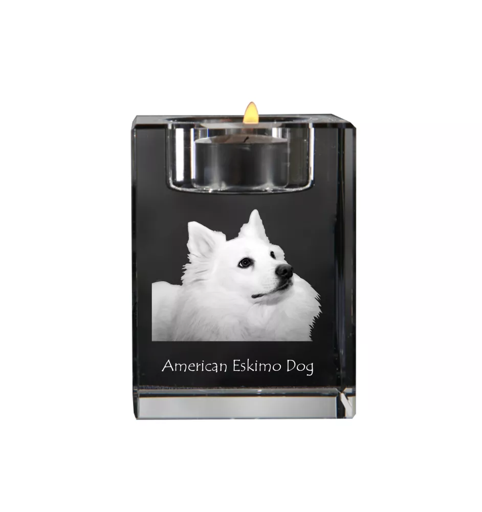 Esquimau américain, American Eskimo Dog, American Spitz - Bougeoir avec photo de chien, porte bougie en cristal, cadeau personnalisé par la marque Art-Dog