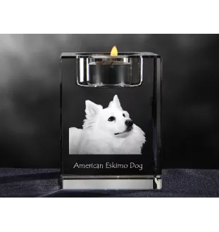 American Eskimo Dog, American Spitz, Eskie - Kerzenhalter mit Hundefoto, Teelichthalter aus Kristall, personalisiertes Geschenk der Marke Art-Dog