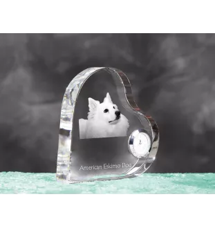 American Eskimo Dog, American Spitz, Eskie - Kristalluhr mit einem Hundebild, Herzregal-Uhr, personalisierte Standuhr der Marke Art-Dog