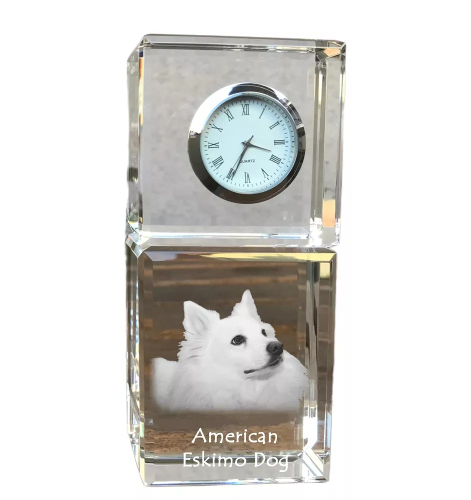 American Eskimo Dog, American Spitz, Eskie - Kristalluhr mit Foto, Hundebild im Kristall, personalisierte Schreibtischuhr von Art-Dog.
