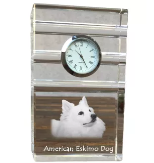 American Eskimo Dog, American Spitz, Eskie - Glasuhr mit Foto, Foto eines Hundes im Kristall, personalisierte Tischuhr für das Büro der Marke Art-Dog