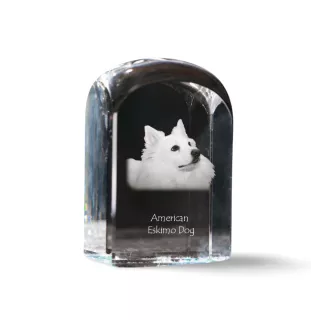 Esquimau américain, American Eskimo Dog, American Spitz - un cube de cristal avec une photo, une photo de chien dans le cristal, un presse-papiers cubique de la marque Art-Dog