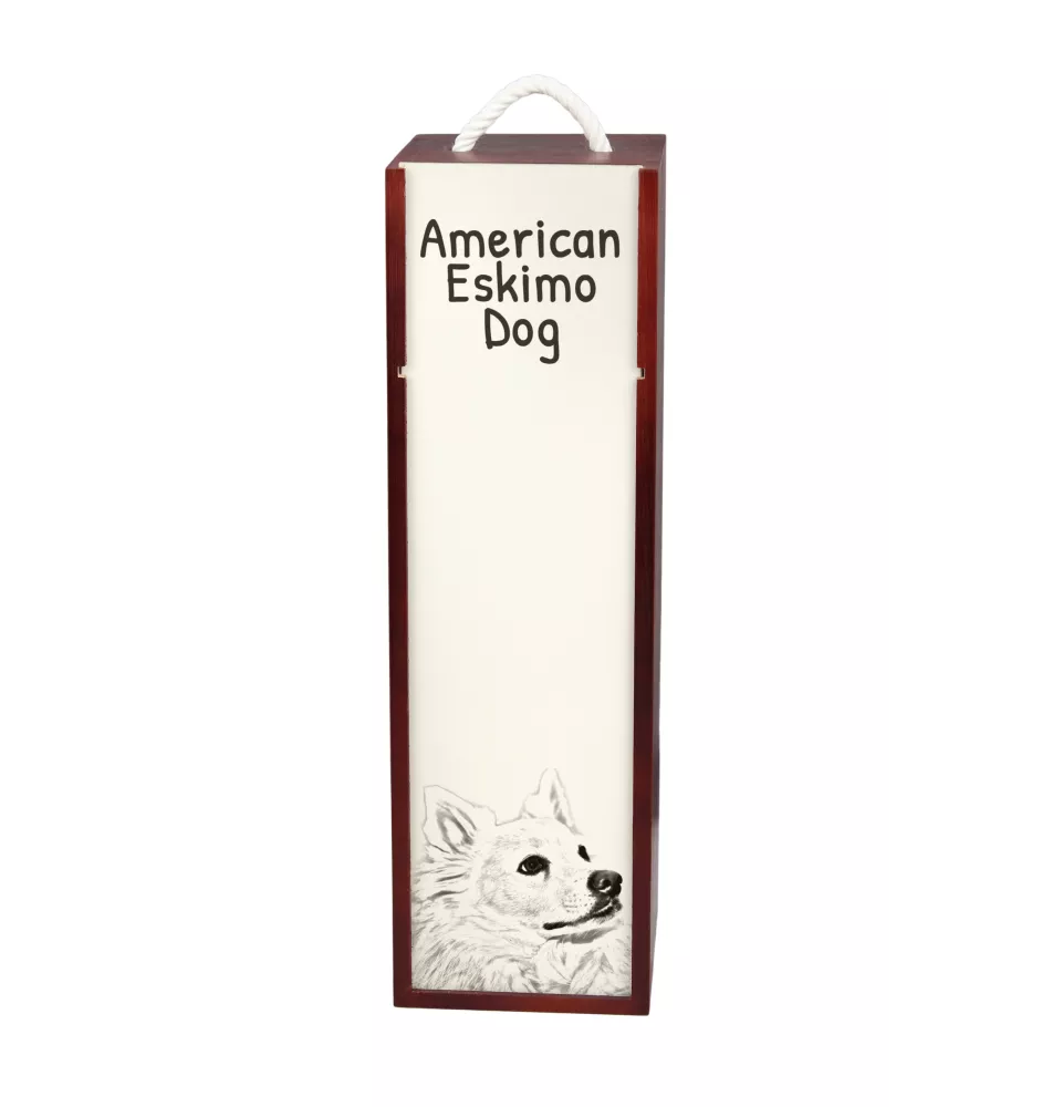 American Eskimo Dog, American Spitz, Eskie - Weinbox mit Hund, Alkoholbox mit Grafik, personalisierte Geschenkbox der Marke Art-Dog
