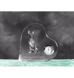 American Hairless Terrier, Amerikanischer Nackthund - Kristalluhr mit einem Hundebild, Herzregal-Uhr, personalisierte Standuhr der Marke Art-Dog