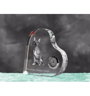 American Hairless Terrier, Amerikanischer Nackthund - Kristalluhr mit einem Hundebild, Herzregal-Uhr, personalisierte Standuhr der Marke Art-Dog