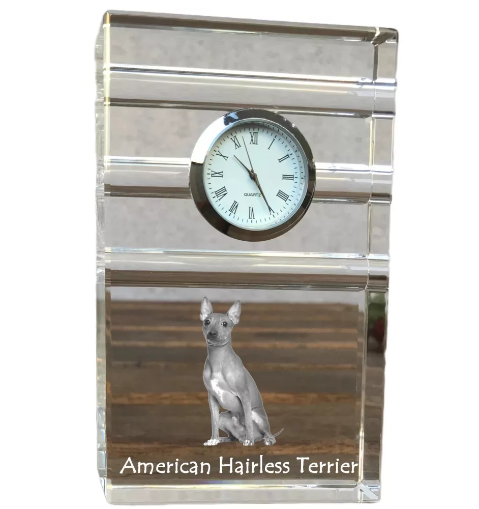 American Hairless Terrier - glass clock with a photo, photo of a dog in crystal, personalized standing office clock by Art-Dog brand