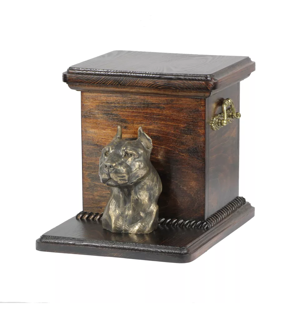 American Staffordshire Terrier, Amstaff, Am staff, Staff III - urne pour les cendres d'un chien avec une statuette, une urne élégante pour chien, une urne exceptionnelle avec un buste de chien de la m