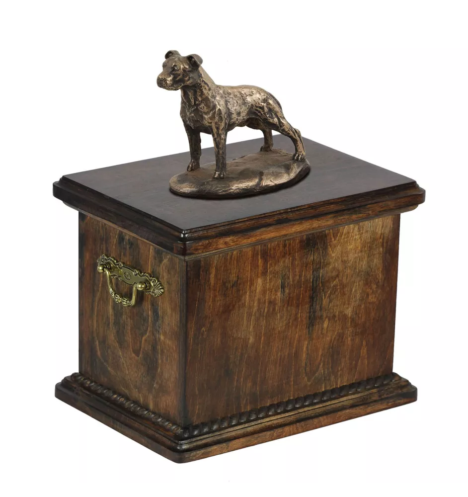 American Staffordshire Terrier, Amstaff II eine Urne für die Asche des Hundes, eine Urne mit einer Statue, eine elegante Urne im klassischen Stil der Marke Art-Dog