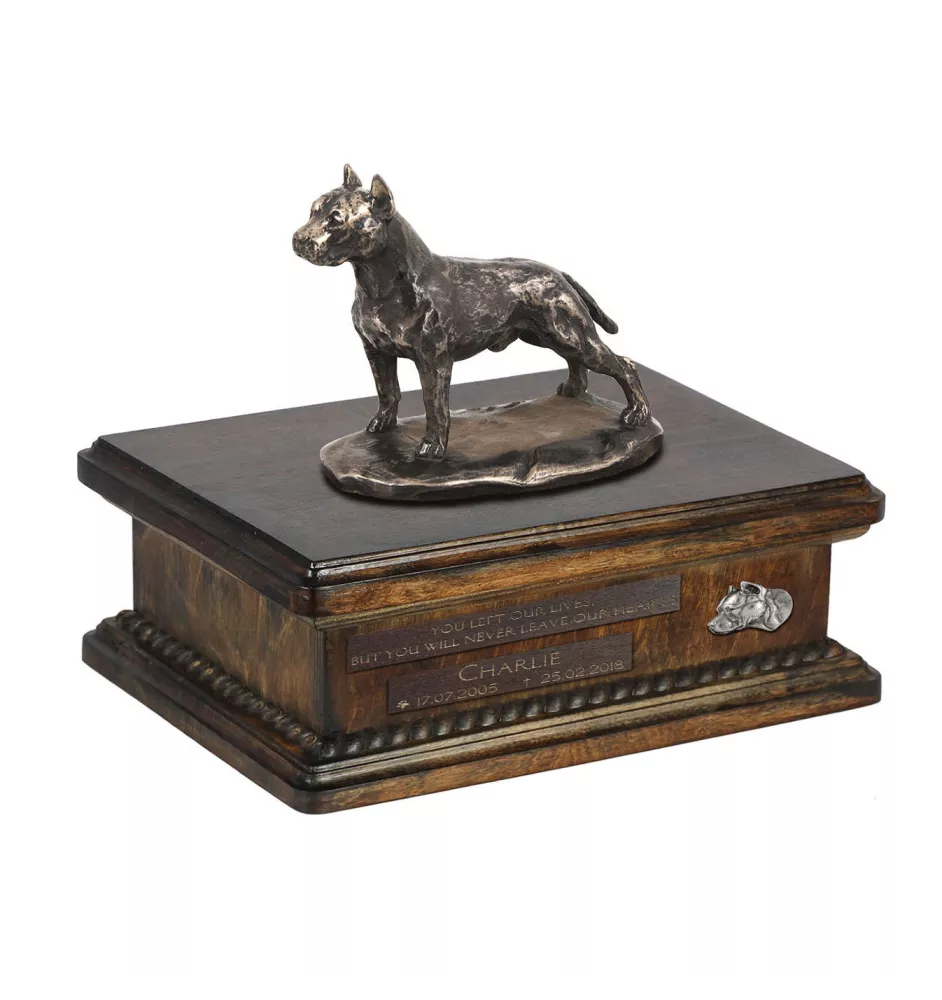 American Staffordshire Terrier, Amstaff II urne in Hundeasche, personalisierte Urne mit Statue, Holzurne mit Hund von Art-Dog