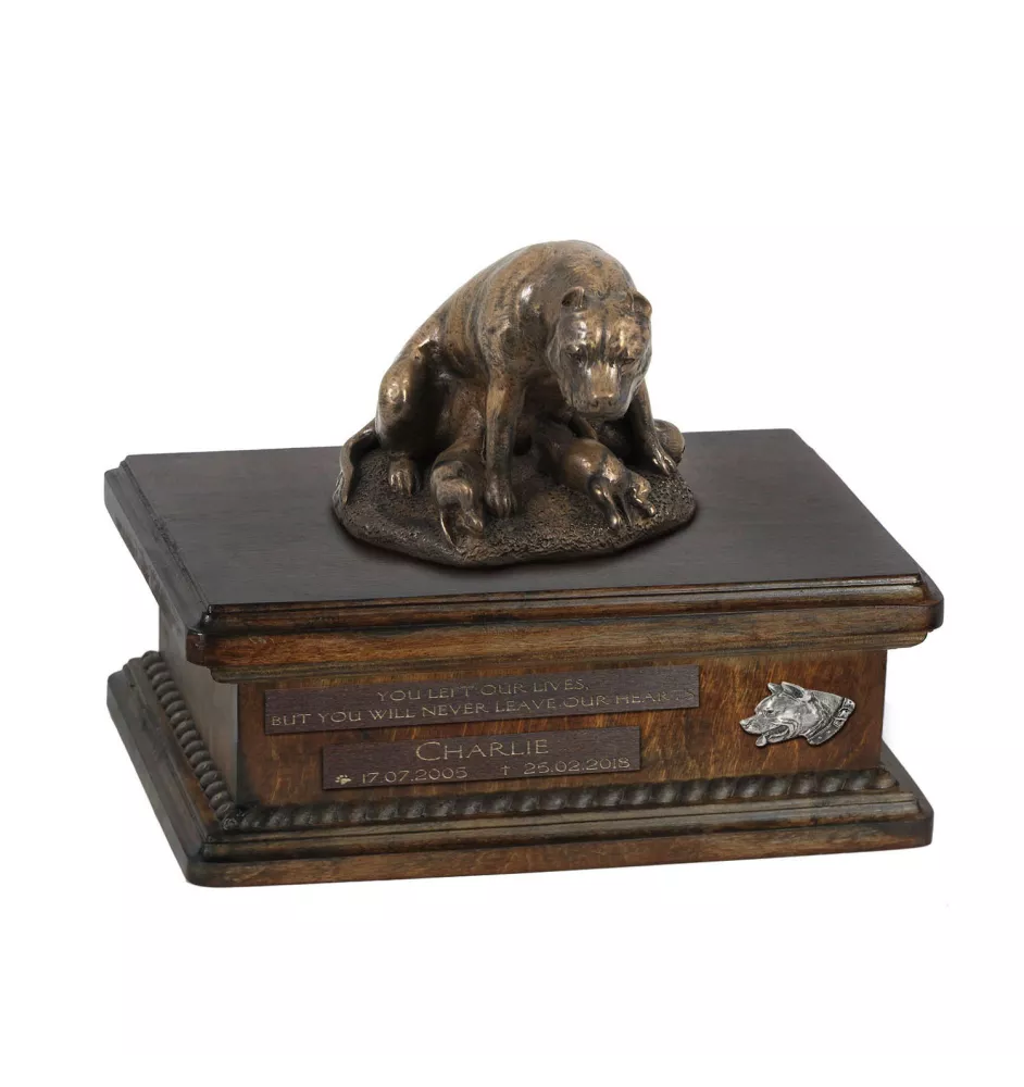 American Staffordshire Terrier, Amstaff III urne in Hundeasche, personalisierte Urne mit Statue, Holzurne mit Hund von Art-Dog