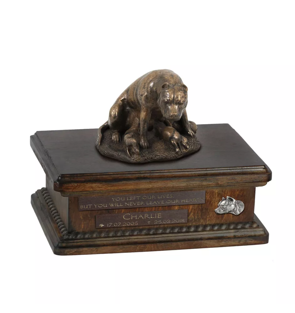 American Staffordshire Terrier, Amstaff, Am staff, Staff IV - urne pour cendres de chien, urne personnalisée avec une statuette, urne en bois avec un chien de la marque Art-Dog