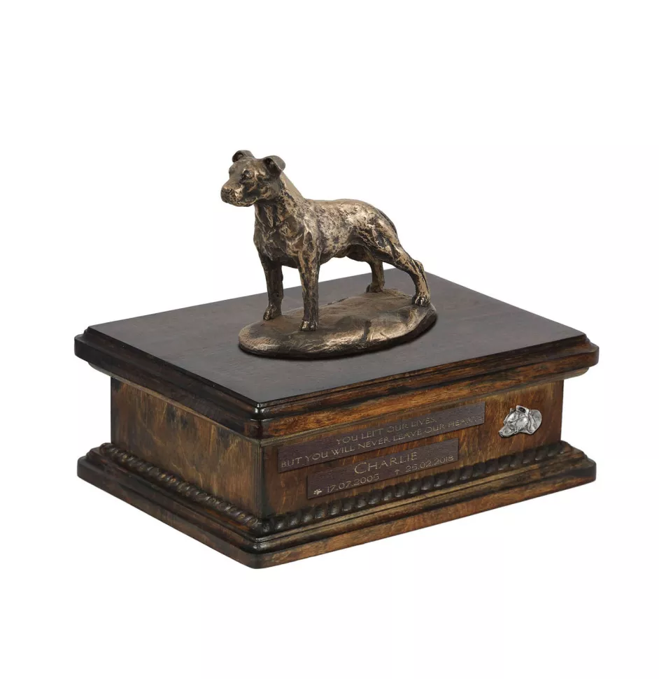 American Staffordshire Terrier, Amstaff VI - urn for dog ashes, personalized urn with a statue, wooden urn with a dog by Art-Dog brand