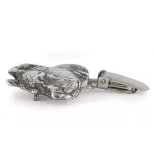 American Staffordshire Terrier, Amstaff I - brooch with a clip, holder for a start number, silver-plated dog show pin from the Art-Dog brand
