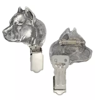 American Staffordshire Terrier, Amstaff I - brooch with a clip, holder for a start number, silver-plated dog show pin from the Art-Dog brand