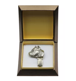 American Staffordshire Terrier, Amstaff I - brooch with a clip, holder for a start number, silver-plated dog show pin from the Art-Dog brand