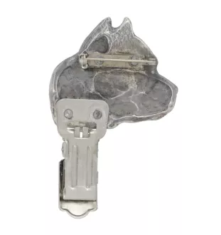 American Staffordshire Terrier, Amstaff I - brooch with a clip, holder for a start number, silver-plated dog show pin from the Art-Dog brand